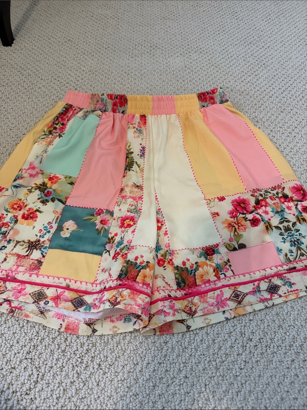 Floral Patchwork Elastic Waist Shorts - Pink, Yellow, Mint